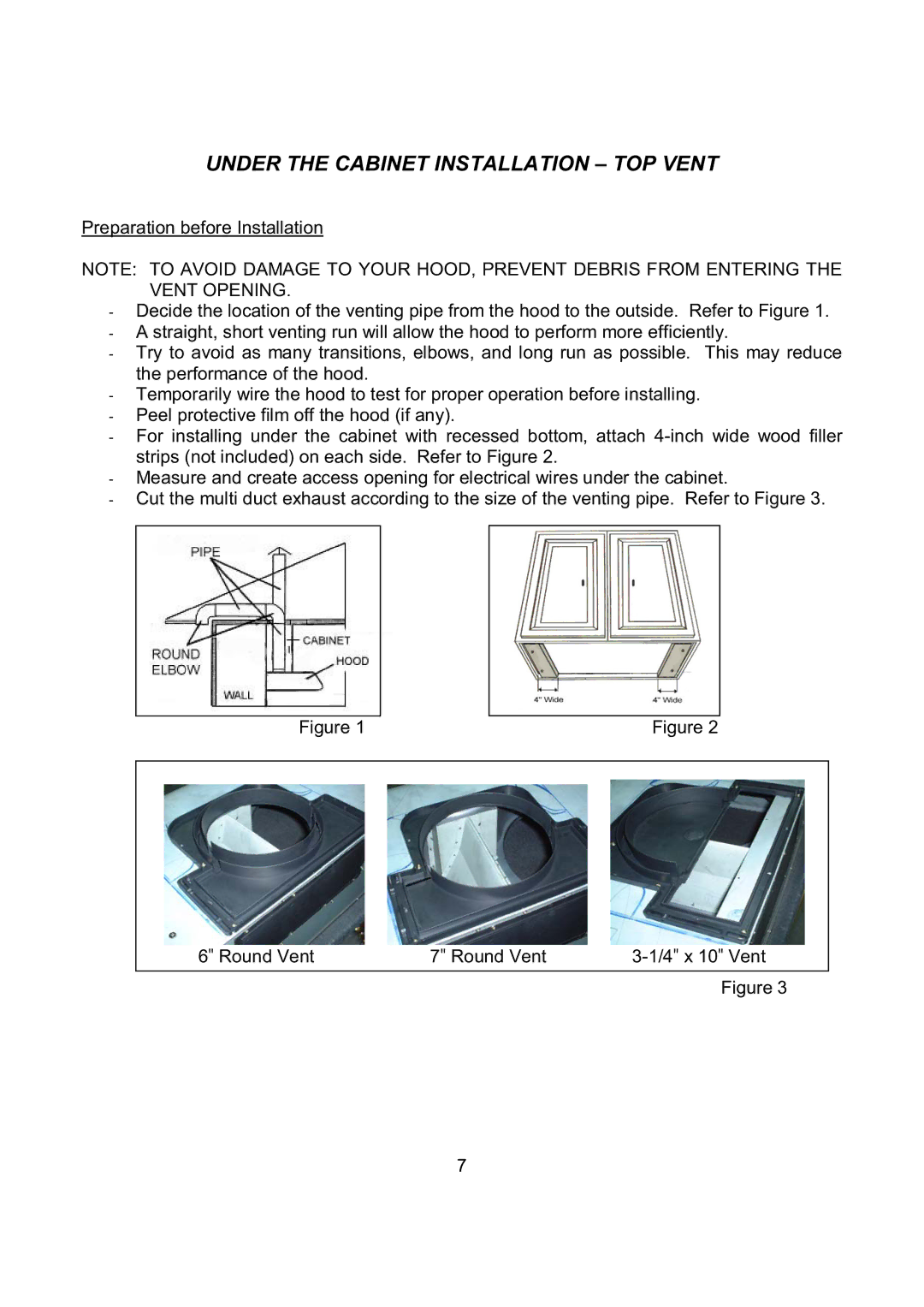 Kobe Range Hoods CH7942SQB, CH7936SQB, CH7948SQB, CH7930SQB installation instructions Under the Cabinet Installation TOP Vent 