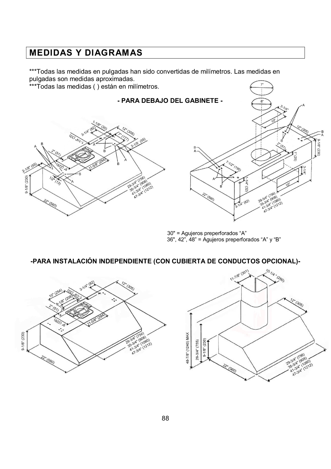 Kobe Range Hoods CH7948SQB, CH7936SQB, CH7942SQB, CH7930SQB installation instructions Medidas Y Diagramas 