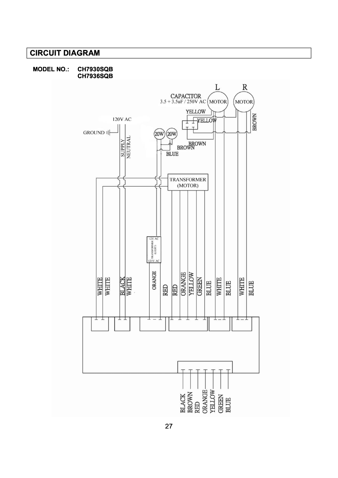 Kobe Range Hoods CH7942SQB, CH7948SQB installation instructions Circuit Diagram, MODEL NO. CH7930SQB CH7936SQB 
