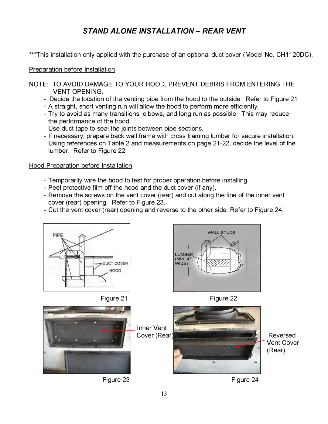 Kobe Range Hoods CH7936SQ, CH7948SQ, CH7930SQ, CH7942SQ manual Stand Alone Installation Rear Vent, Inner Vent Cover Rear 