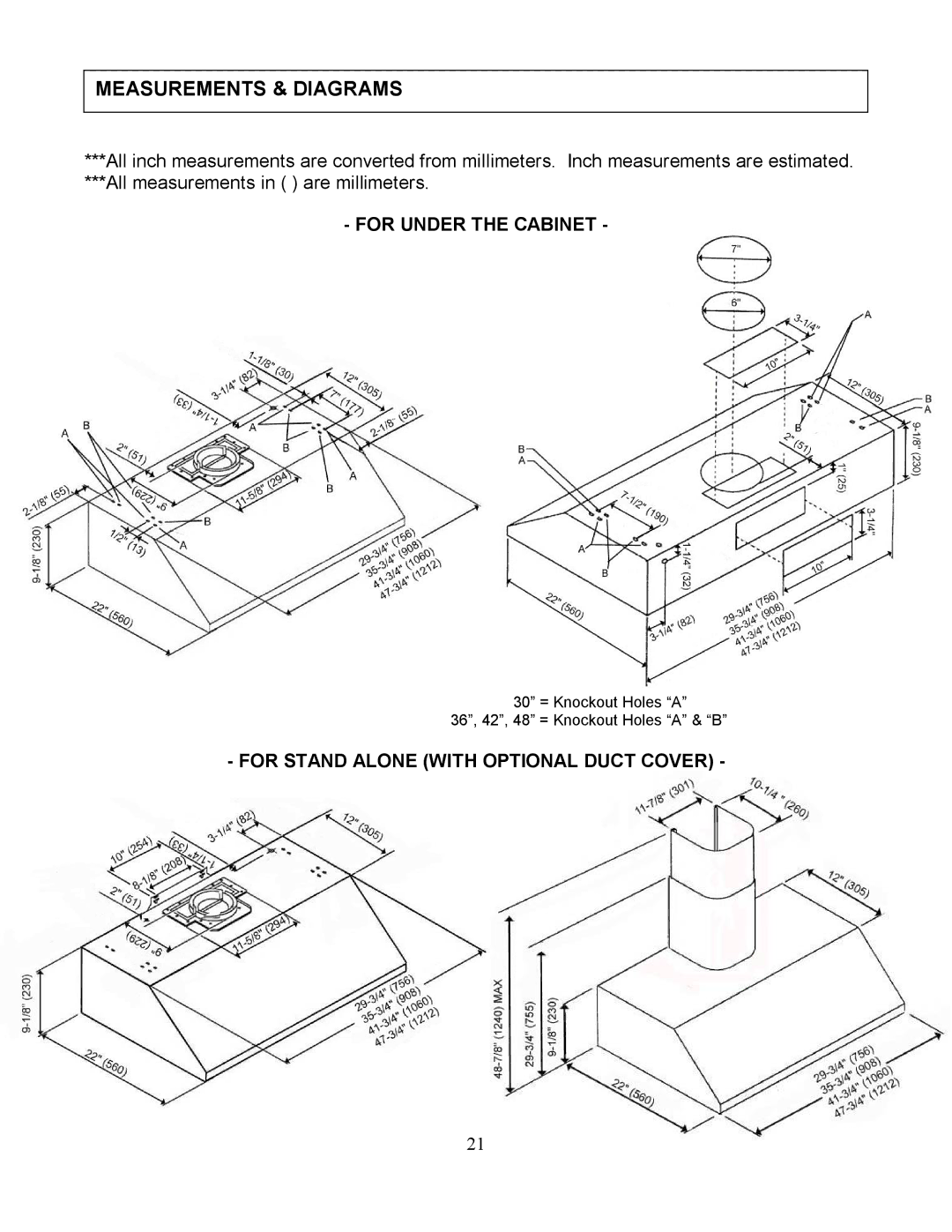 Kobe Range Hoods CH7936SQ, CH7948SQ, CH7930SQ, CH7942SQ manual Measurements & Diagrams, All measurements in are millimeters 