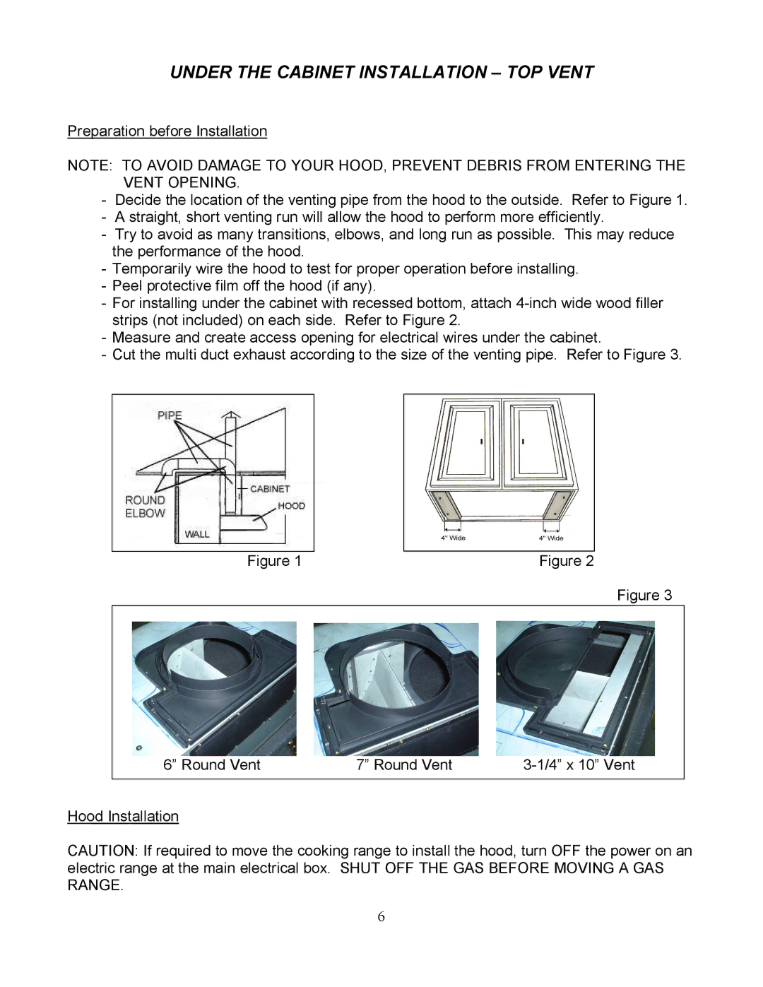 Kobe Range Hoods CH7948SQ, CH7930SQ Under the Cabinet Installation TOP Vent, Preparation before Installation, Round Vent 