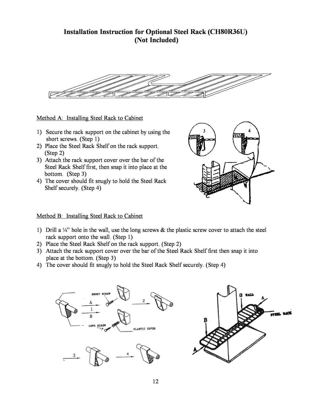 Kobe Range Hoods CH8036SQ installation instructions Method A Installing Steel Rack to Cabinet 