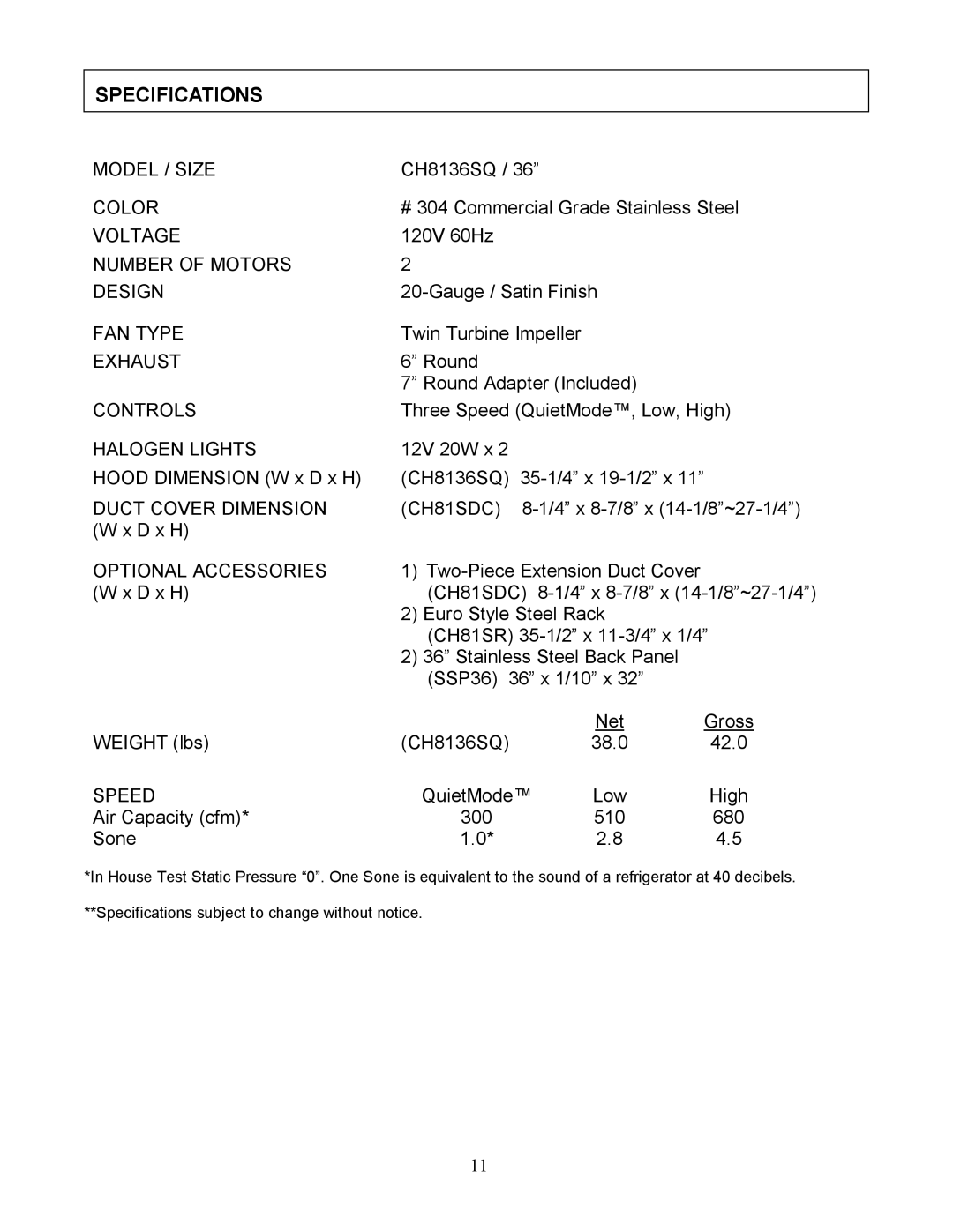 Kobe Range Hoods CH8136SQ manual Specifications, Speed, CH81SDC 