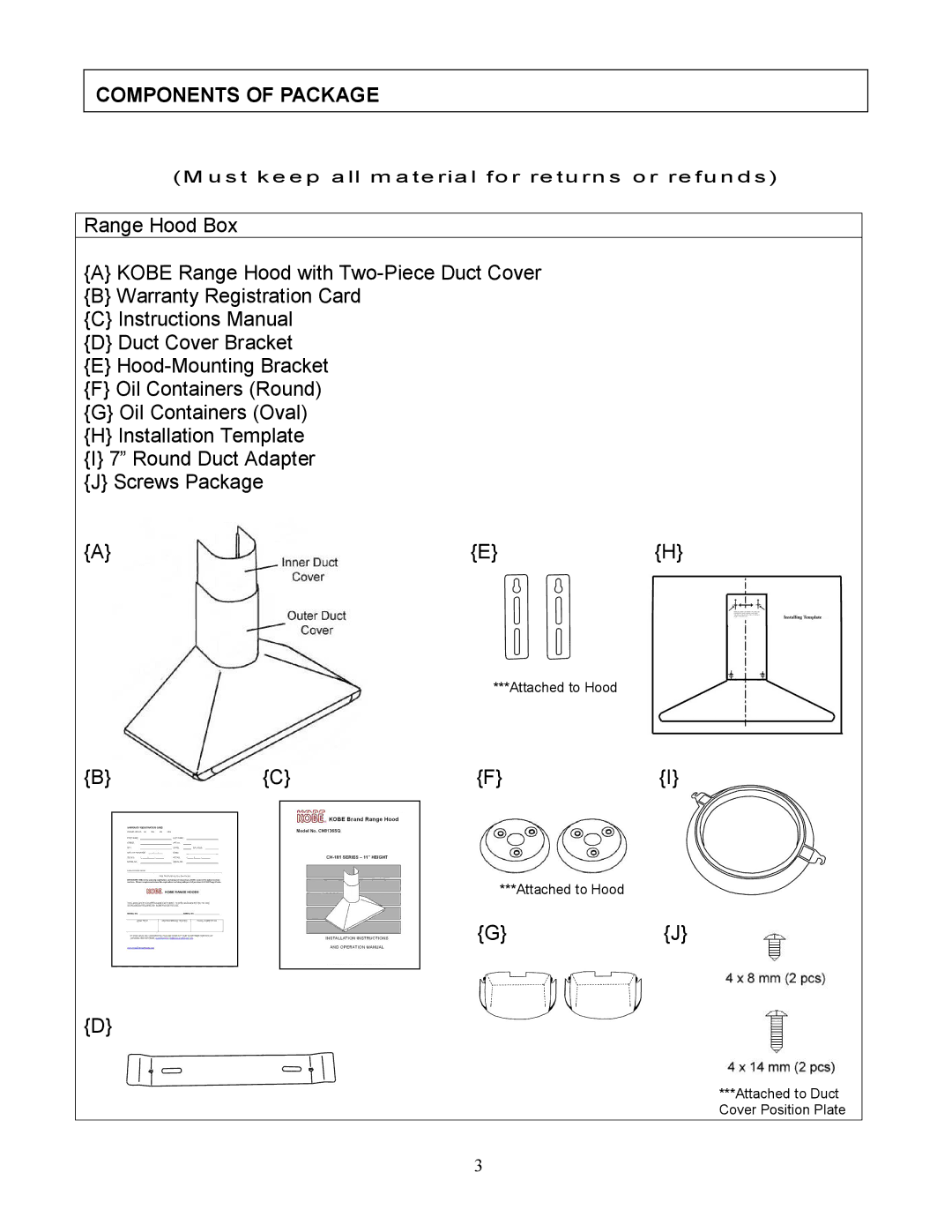 Kobe Range Hoods CH8136SQ manual Components of Package 