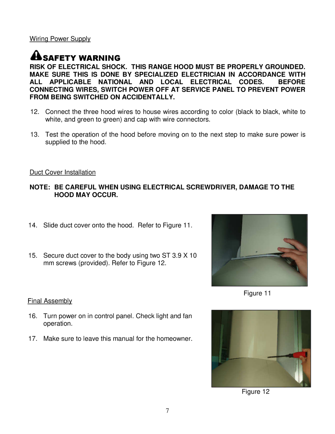 Kobe Range Hoods CH8136SQB installation instructions Wiring Power Supply 