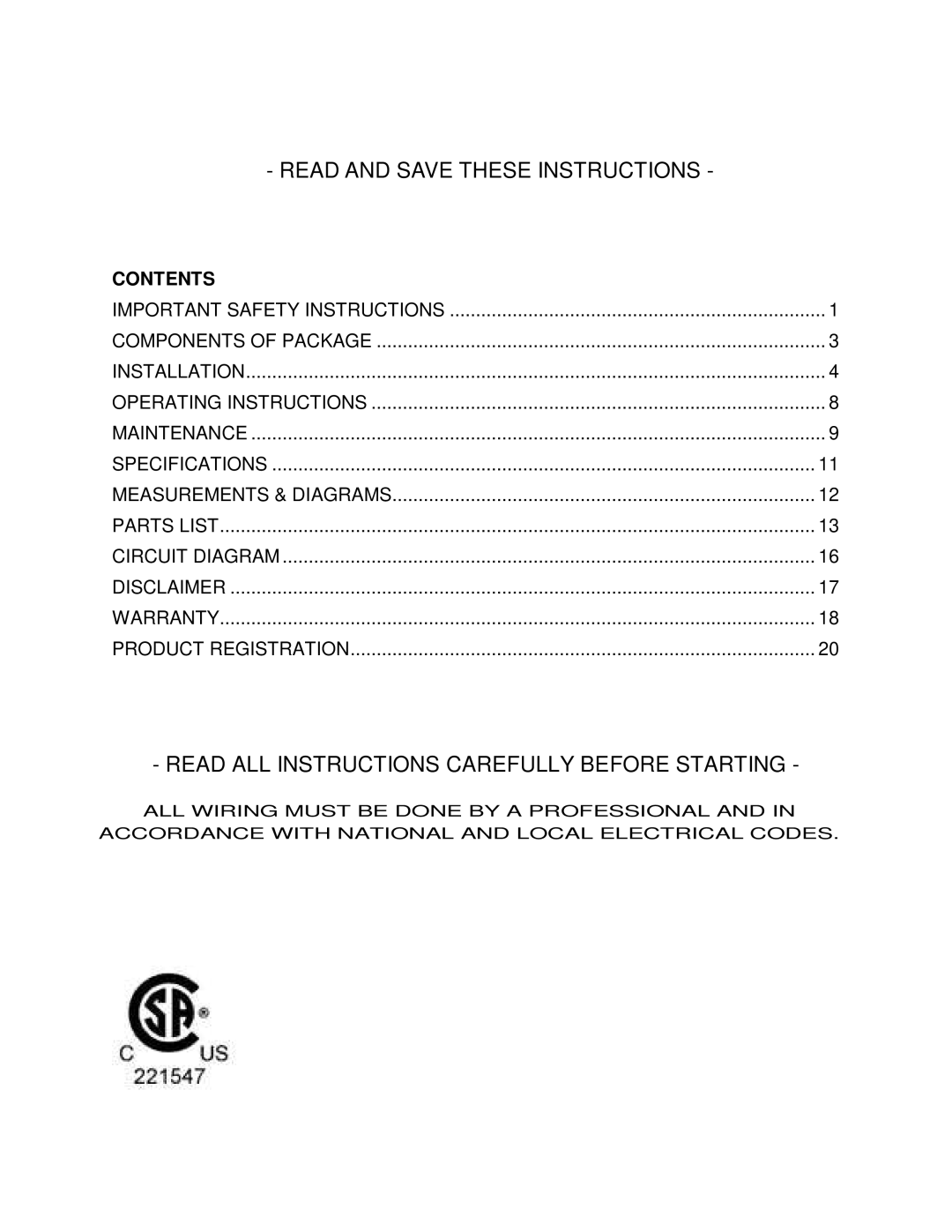 Kobe Range Hoods CH8136SQB installation instructions Read and Save These Instructions, Contents 