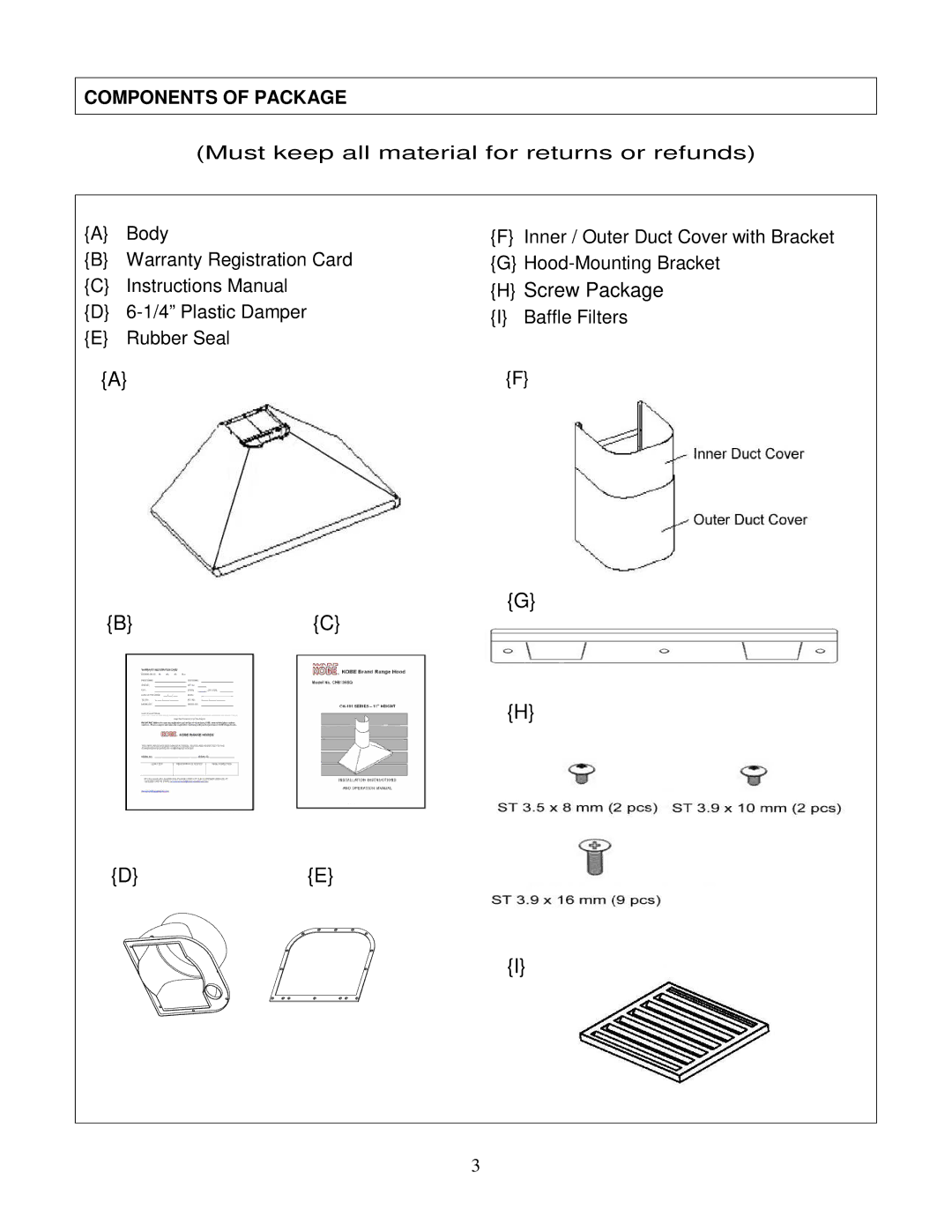 Kobe Range Hoods CH8136SQB installation instructions Screw Package, Components of Package 