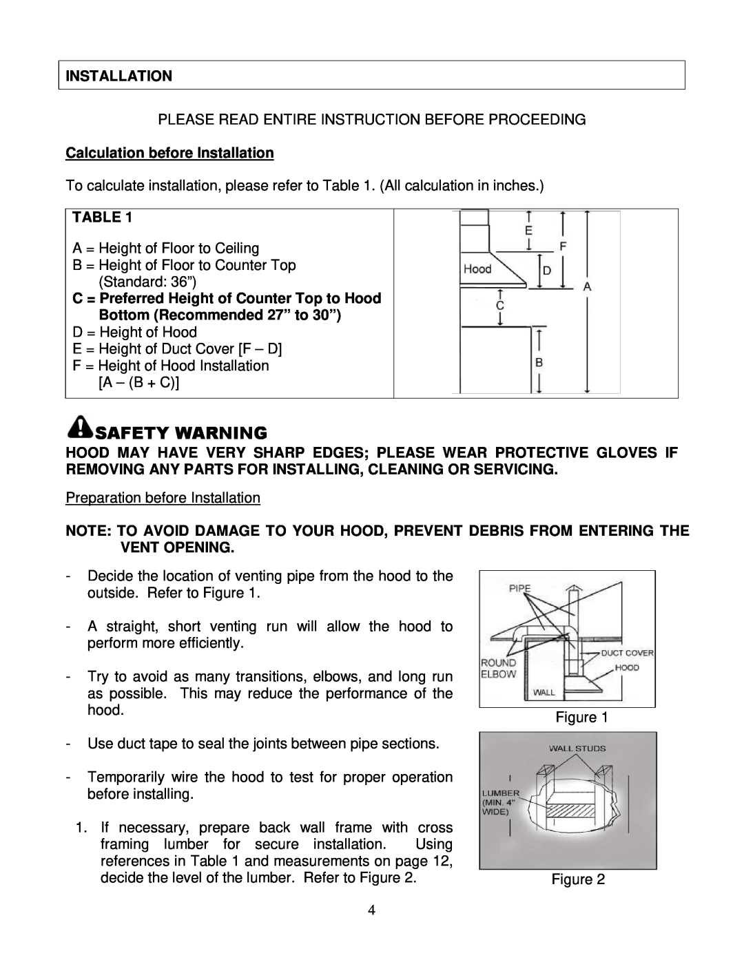 Kobe Range Hoods CH8136SQB Safety Warning, Calculation before Installation, Bottom Recommended 27” to 30” 
