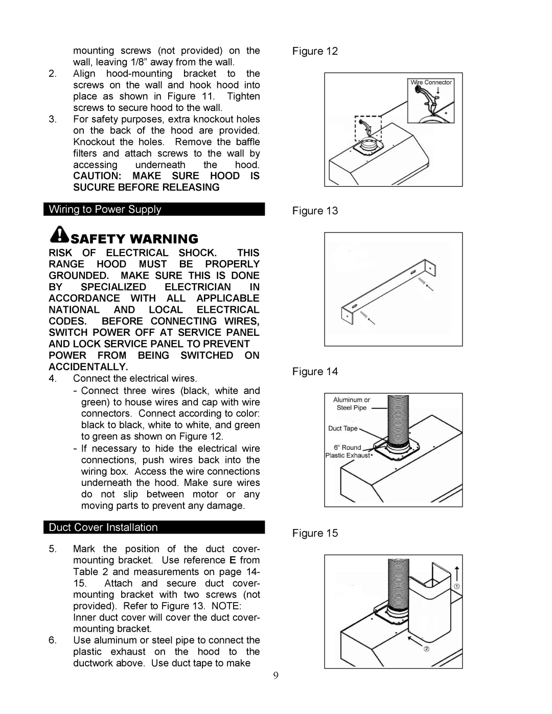 Kobe Range Hoods CH9148SQB, CH9136SQB, CH9142SQB, CH9130SQB, CH-191 installation instructions Duct Cover Installation 