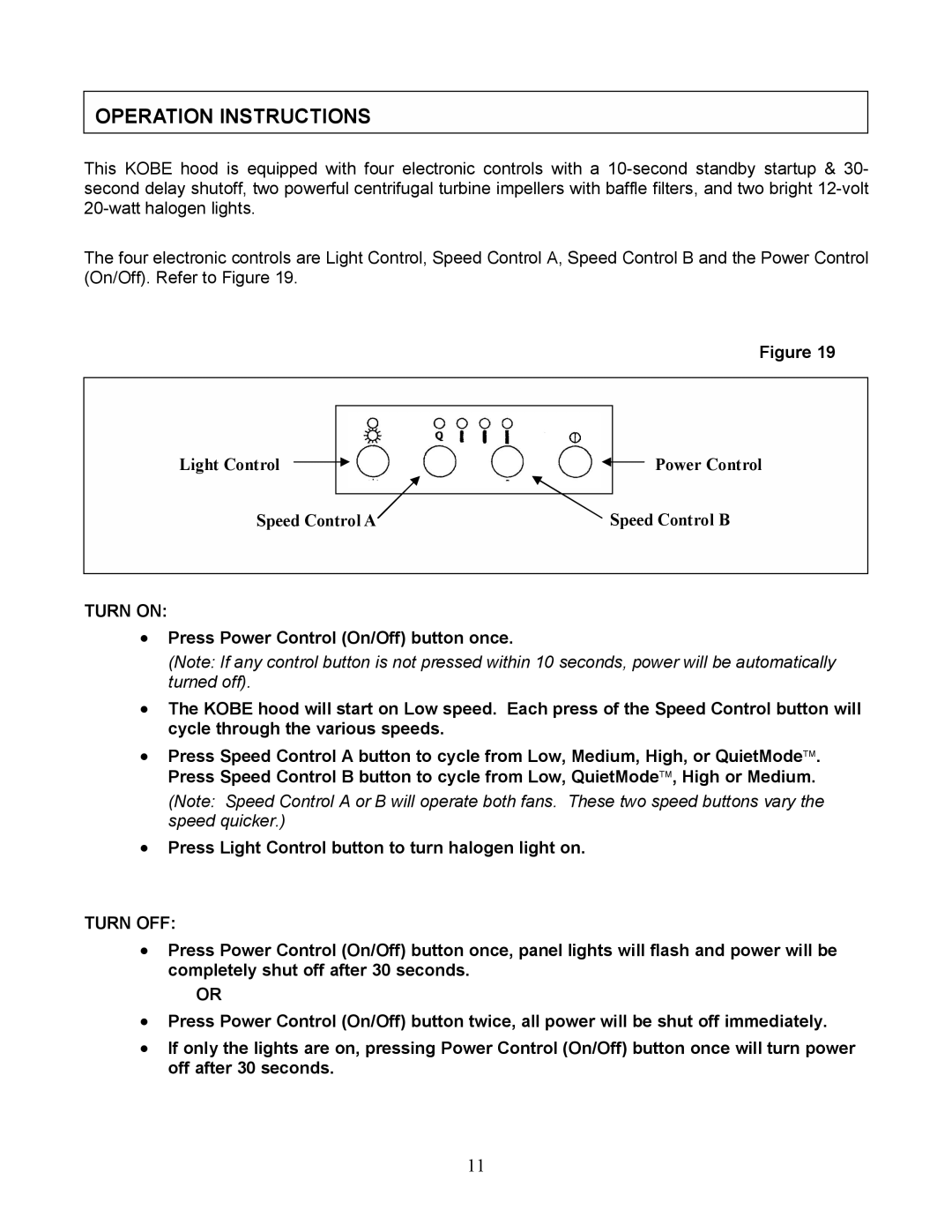 Kobe Range Hoods CH9130SQB, CH9136SQB, CH9148SQB, CH9142SQB, CH-191 Operation Instructions, Turn on, Turn OFF 