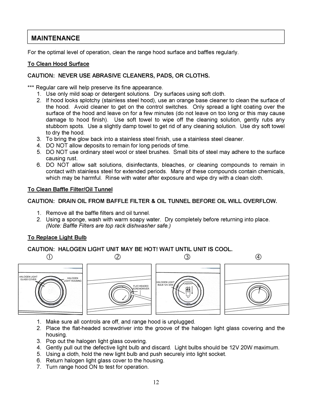 Kobe Range Hoods CH-191, CH9136SQB, CH9148SQB, CH9142SQB, CH9130SQB installation instructions    , Maintenance 