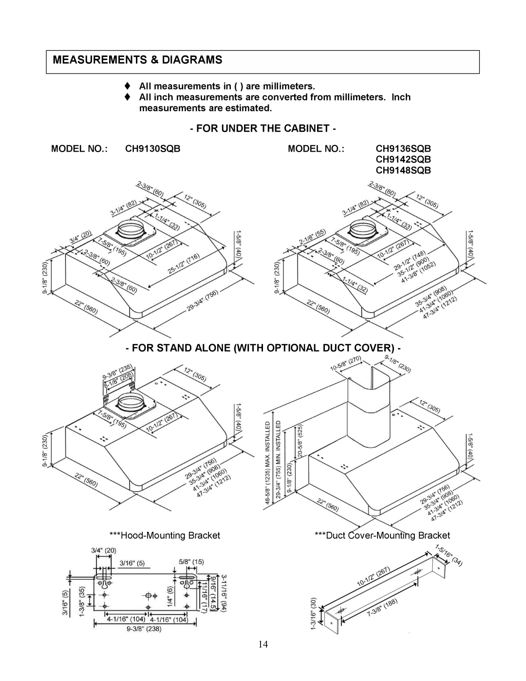 Kobe Range Hoods CH9148SQB, CH9136SQB, CH9142SQB, CH-191 installation instructions Measurements & Diagrams, Model no CH9130SQB 