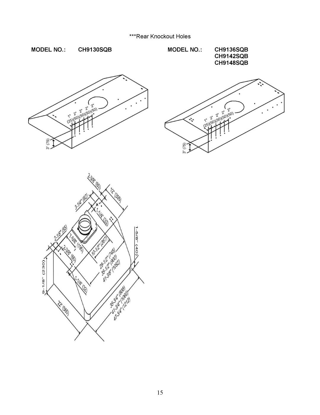 Kobe Range Hoods CH9142SQB, CH9136SQB, CH9148SQB, CH9130SQB, CH-191 installation instructions Rear Knockout Holes 