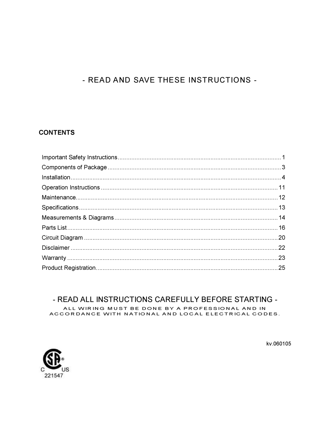 Kobe Range Hoods CH9142SQB, CH9136SQB, CH9148SQB, CH9130SQB, CH-191 installation instructions Read and Save These Instructions 