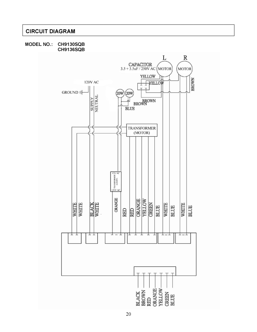 Kobe Range Hoods CH9142SQB, CH9148SQB, CH9130SQB, CH-191 Circuit Diagram, Model NO. CH9130 SQB CH9136SQB 