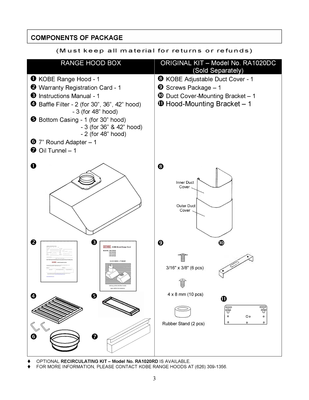 Kobe Range Hoods CH9136SQB, CH9148SQB, CH9142SQB, CH9130SQB, CH-191 Components of Package, Range Hood BOX 