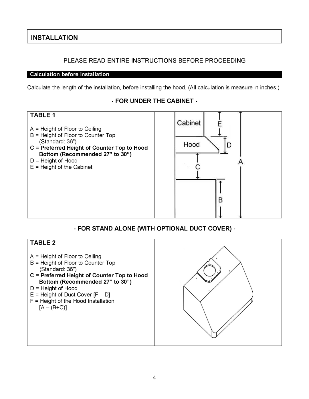 Kobe Range Hoods CH9148SQB, CH9136SQB, CH9142SQB, CH9130SQB Installation, Please Read Entire Instructions Before Proceeding 