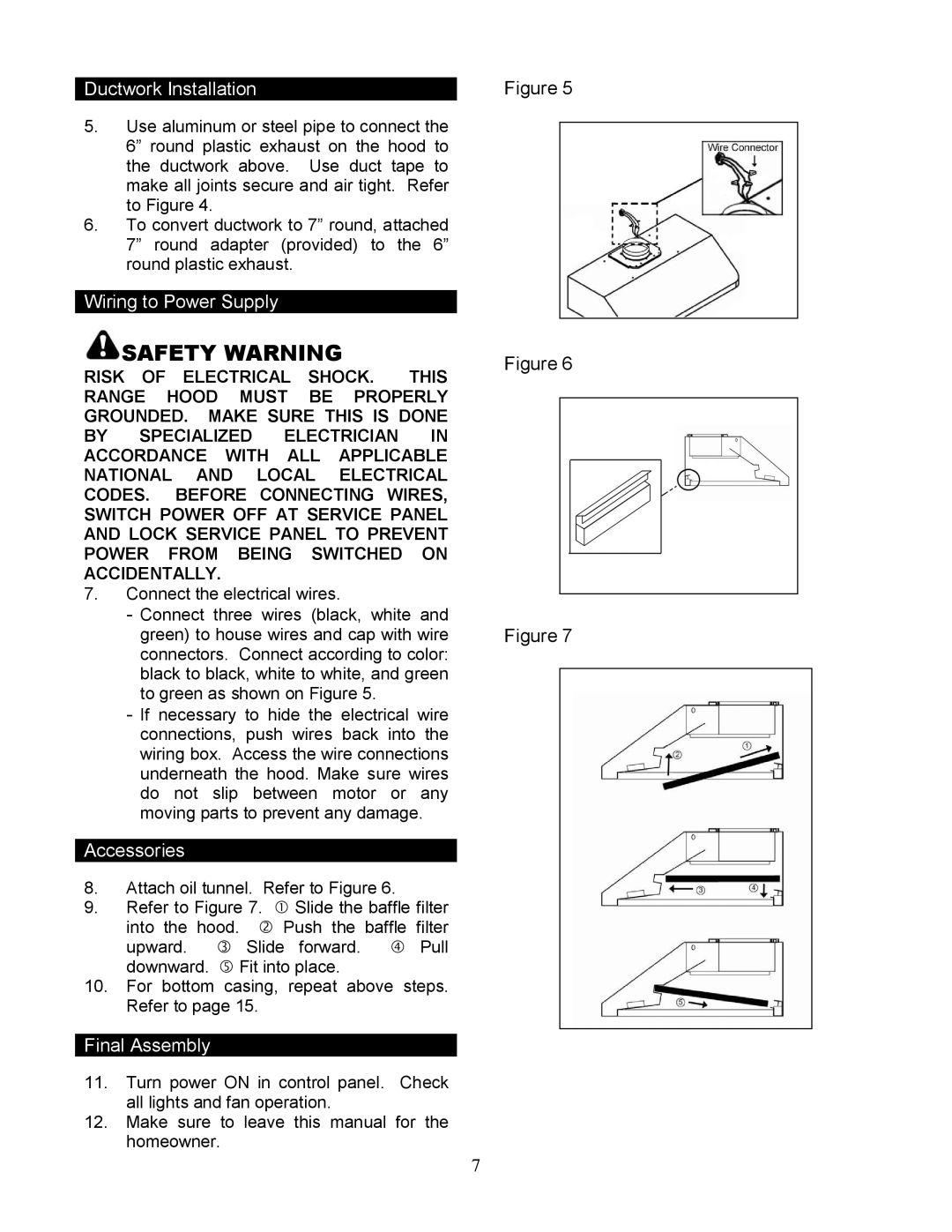 Kobe Range Hoods CH-191, CH9136SQB, CH9148SQB, CH9142SQB, CH9130SQB installation instructions Wiring to Power Supply 