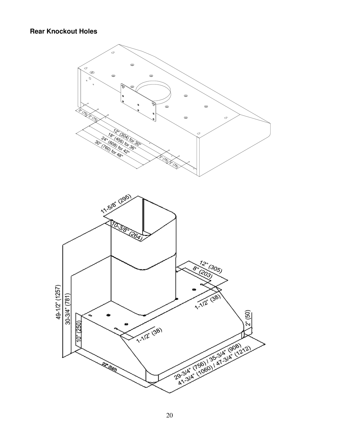 Kobe Range Hoods CH9642SQB, CH9648SQB, CH9630SQB, CH9636SQB installation instructions Rear Knockout Holes 