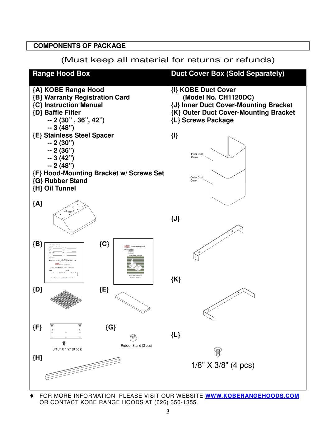 Kobe Range Hoods CH9630SQB, CH9648SQB, CH9642SQB, CH9636SQB installation instructions X 3/8 4 pcs 