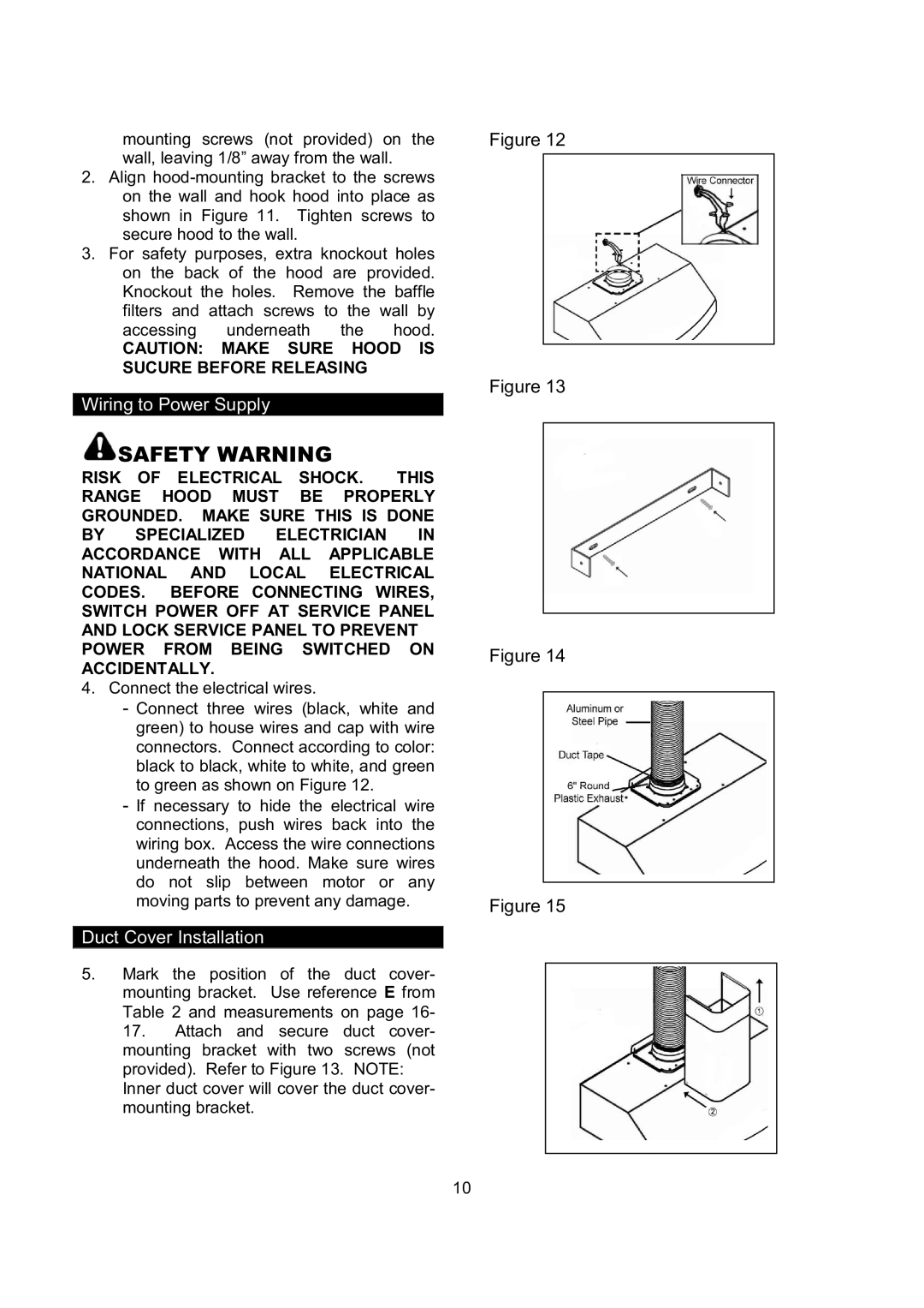 Kobe Range Hoods CH9730SQB, CH9742SQB, CH9736SQB, CH9748SQB manual Duct Cover Installation 