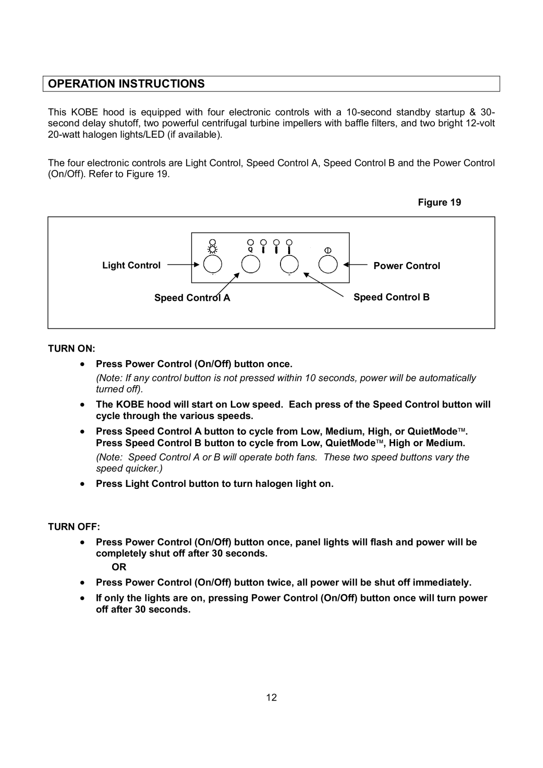 Kobe Range Hoods CH9736SQB, CH9730SQB, CH9742SQB, CH9748SQB manual Operation Instructions, Turn on, Turn OFF 