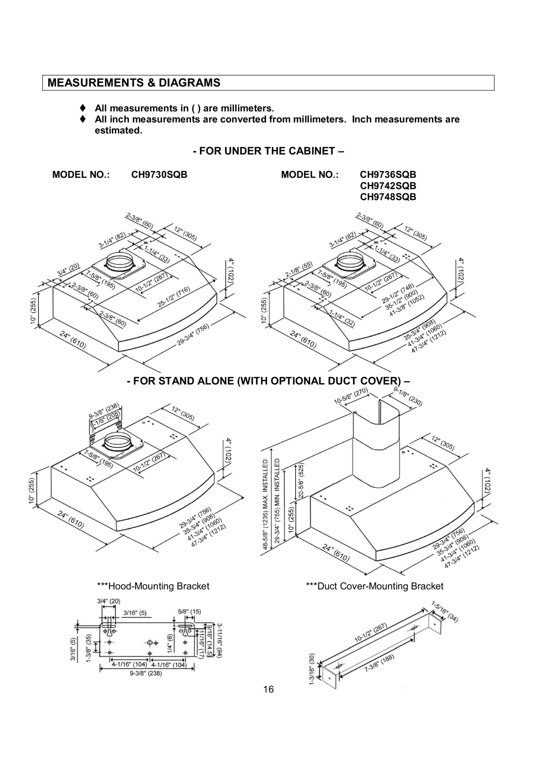 Kobe Range Hoods manual Measurements & Diagrams, Model no CH9730SQB CH9736SQB CH9742SQB CH9748SQB 