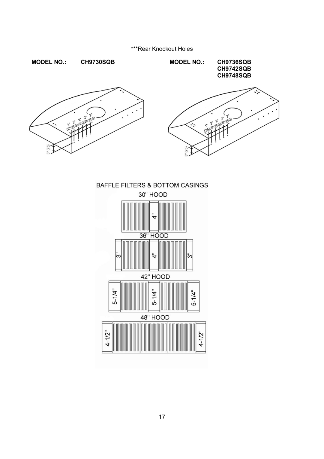 Kobe Range Hoods CH9748SQB, CH9730SQB, CH9742SQB, CH9736SQB manual Rear Knockout Holes 