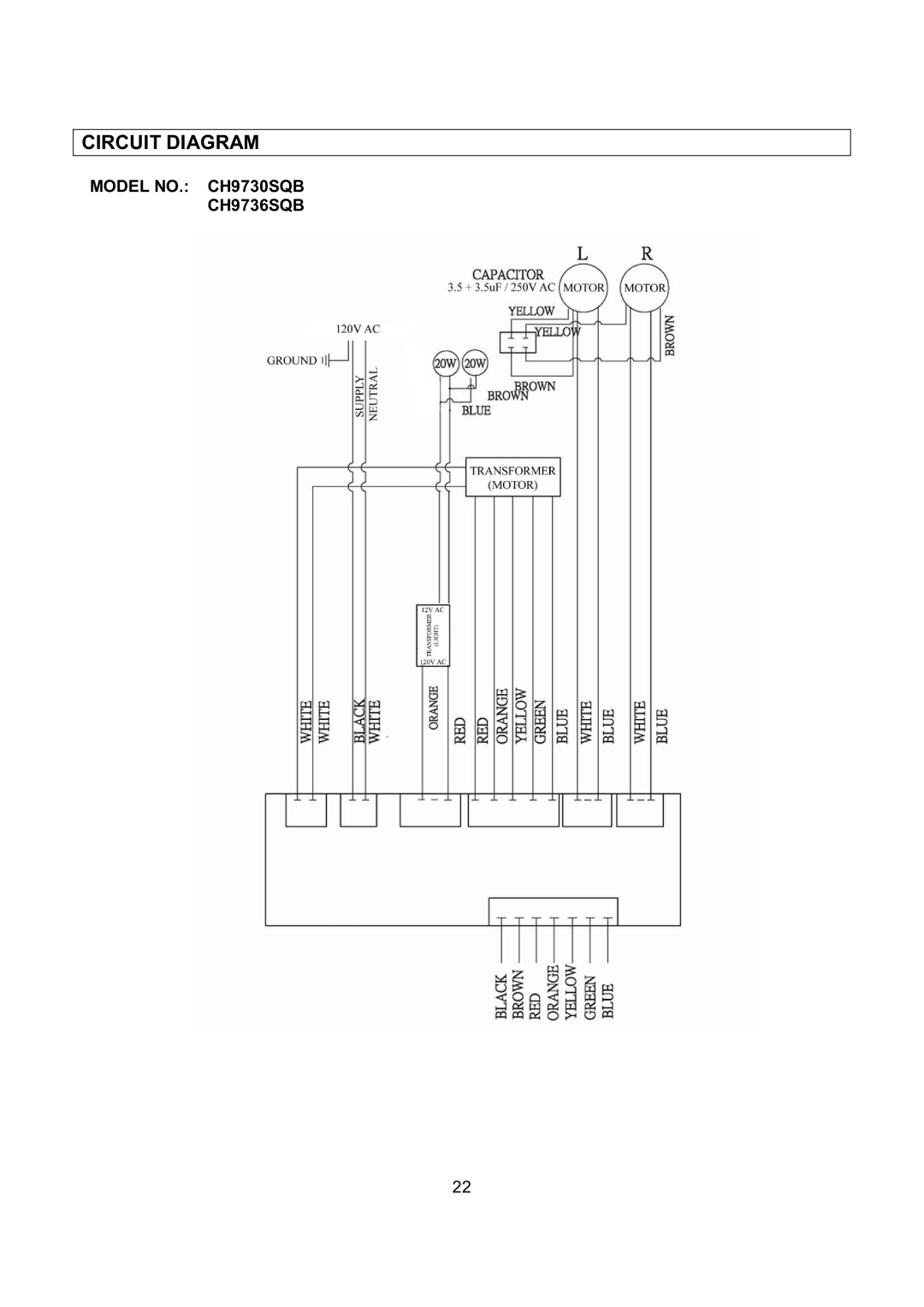 Kobe Range Hoods CH9730SQB, CH9742SQB, CH9736SQB, CH9748SQB manual Circuit Diagram 