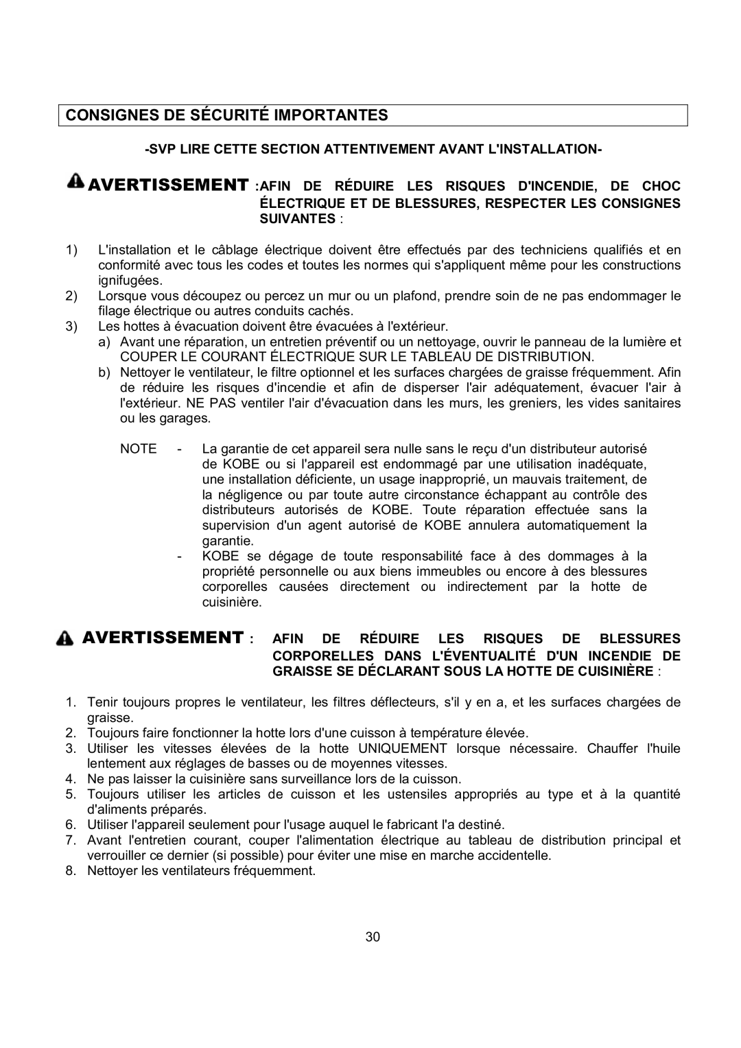 Kobe Range Hoods CH9730SQB Consignes DE Sécurité Importantes, Couper LE Courant Électrique SUR LE Tableau DE Distribution 