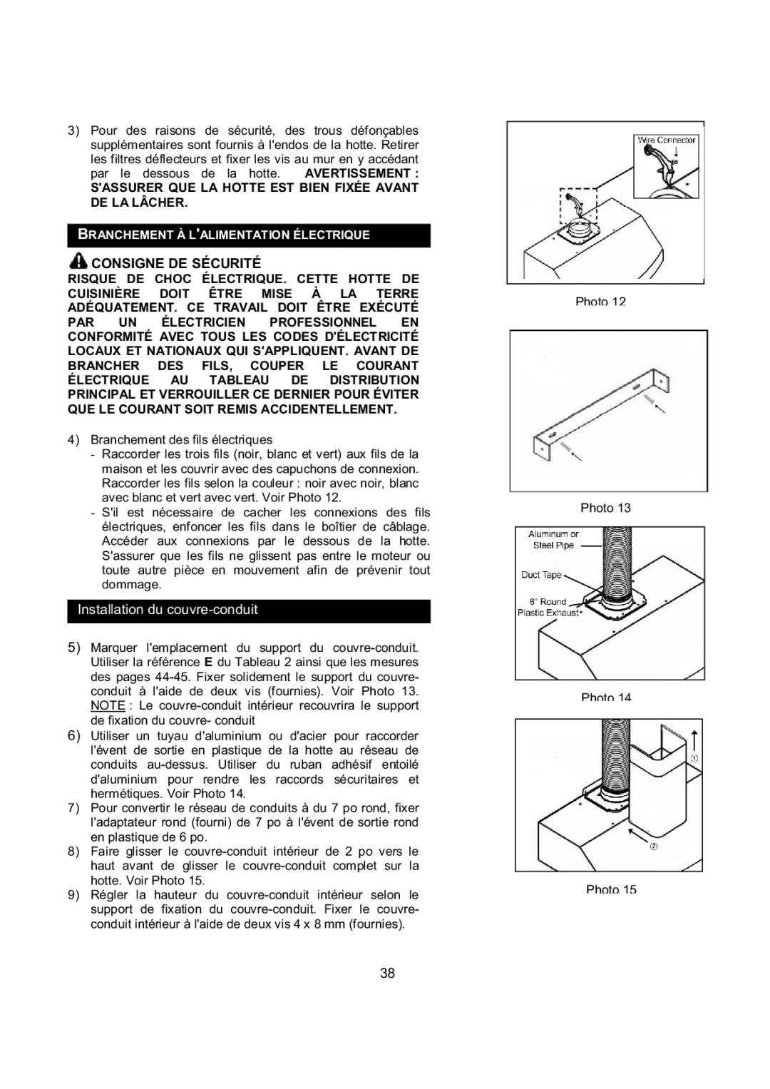 Kobe Range Hoods CH9730SQB, CH9742SQB, CH9736SQB, CH9748SQB manual Consigne DE Sécurité, Installation du couvre-conduit 