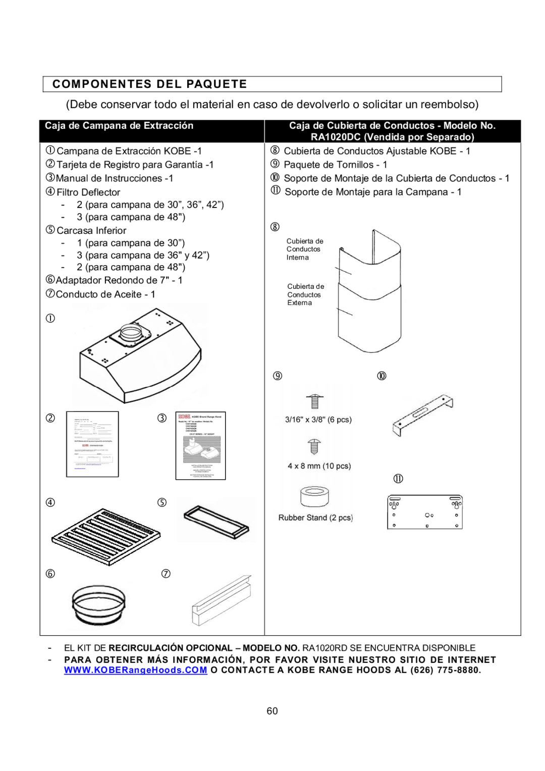 Kobe Range Hoods CH9736SQB, CH9730SQB, CH9742SQB, CH9748SQB manual Componentes DEL Paquete, Caja de Campana de Extracción 