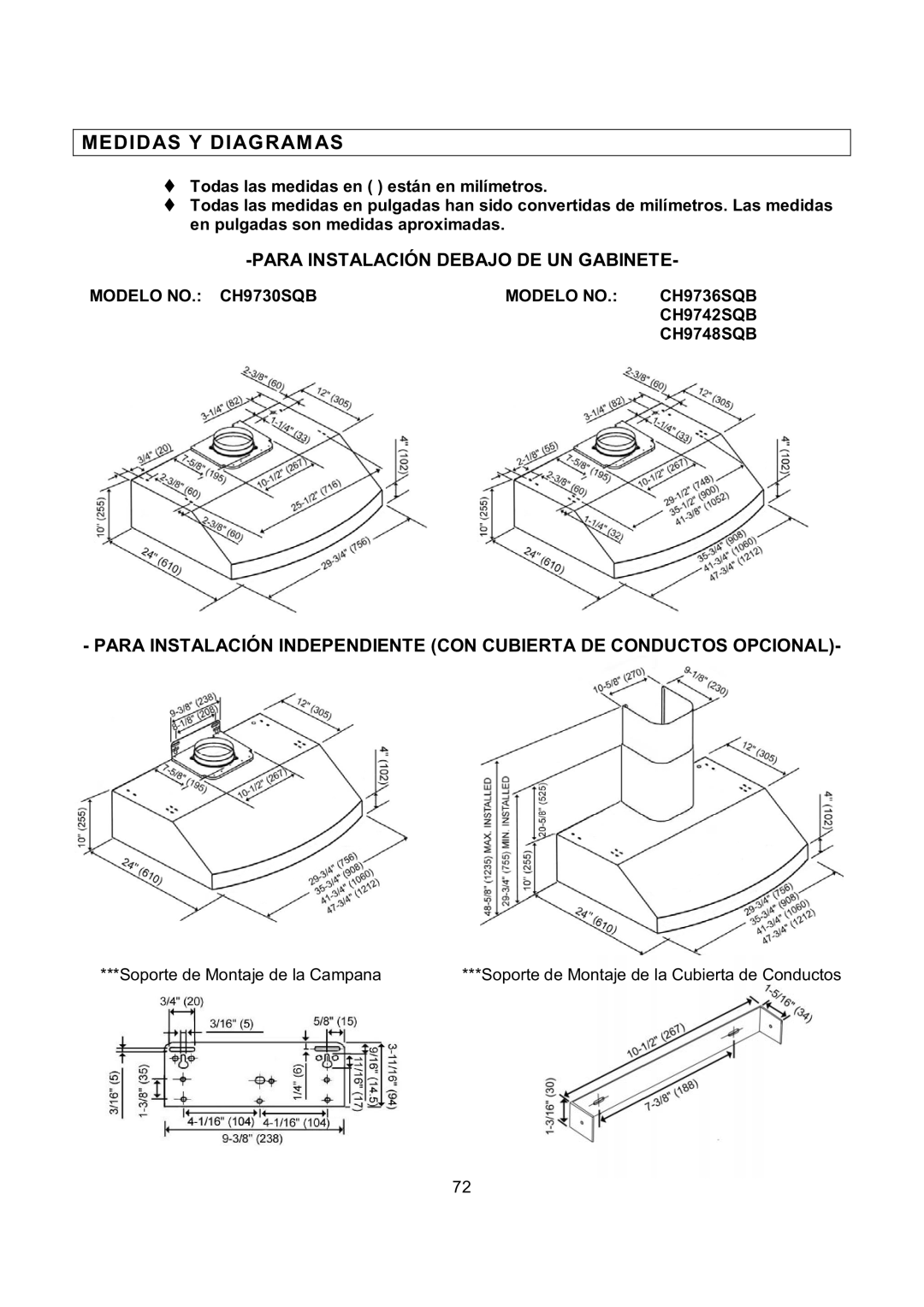 Kobe Range Hoods manual Medidas Y Diagramas, Modelo NO. CH9730SQB Modelo no CH9736SQB CH9742SQB CH9748SQB 