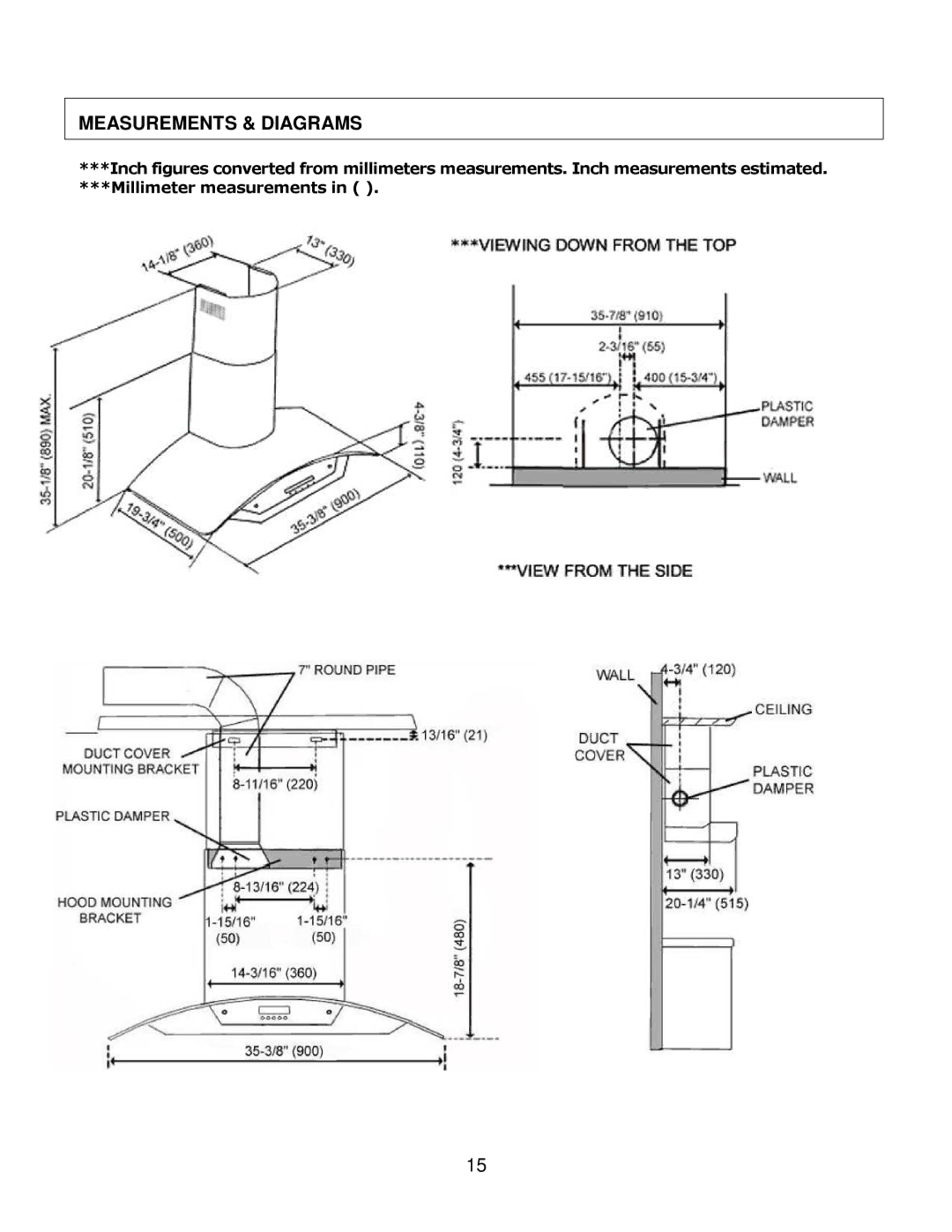 Kobe Range Hoods CX1830GS-8 installation instructions Measurements & Diagrams 