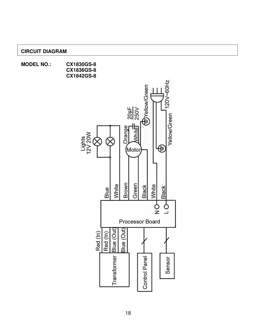 Kobe Range Hoods CX1830GS-8 installation instructions Circuit Diagram Model no 