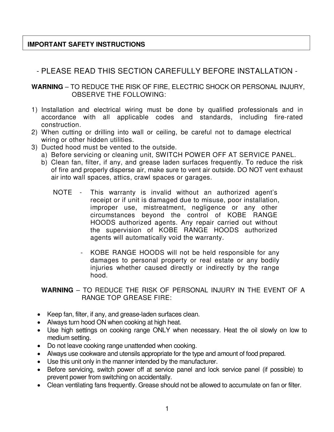 Kobe Range Hoods CX1830GS-8 Please Read this Section Carefully Before Installation, Important Safety Instructions 