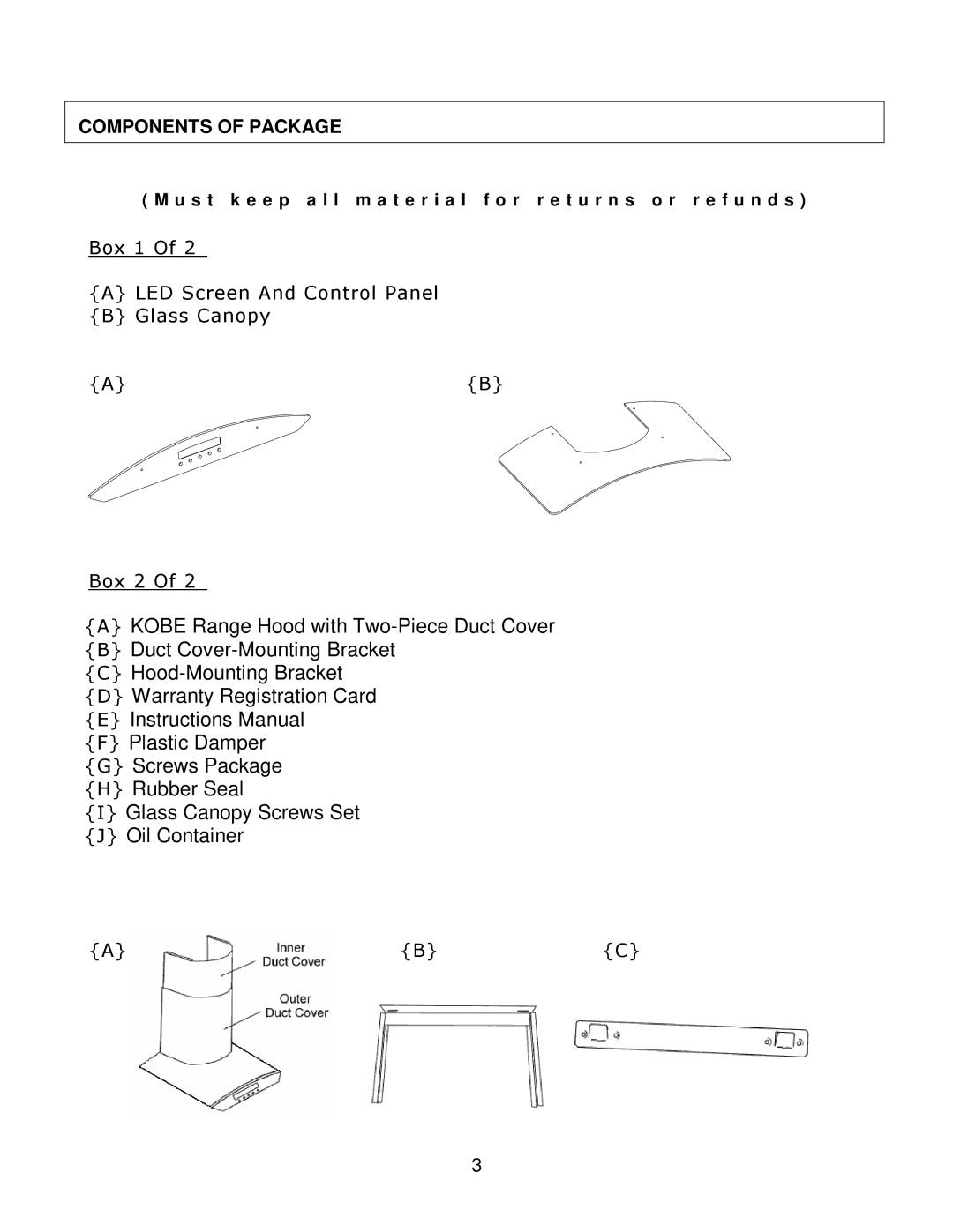 Kobe Range Hoods CX1830GS-8 installation instructions Components of Package 