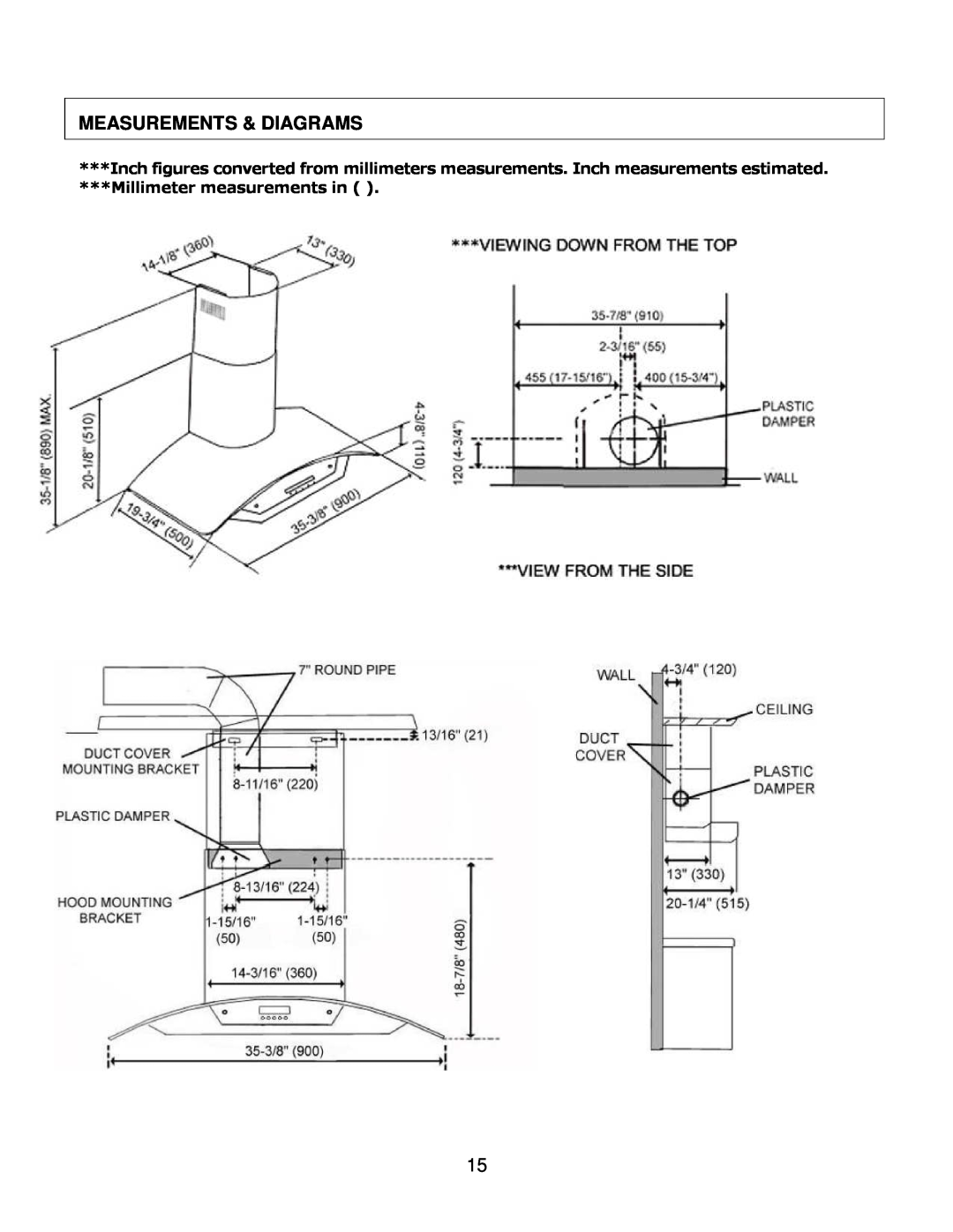 Kobe Range Hoods CX1830GS-8 installation instructions Measurements & Diagrams, Millimeter measurements in 