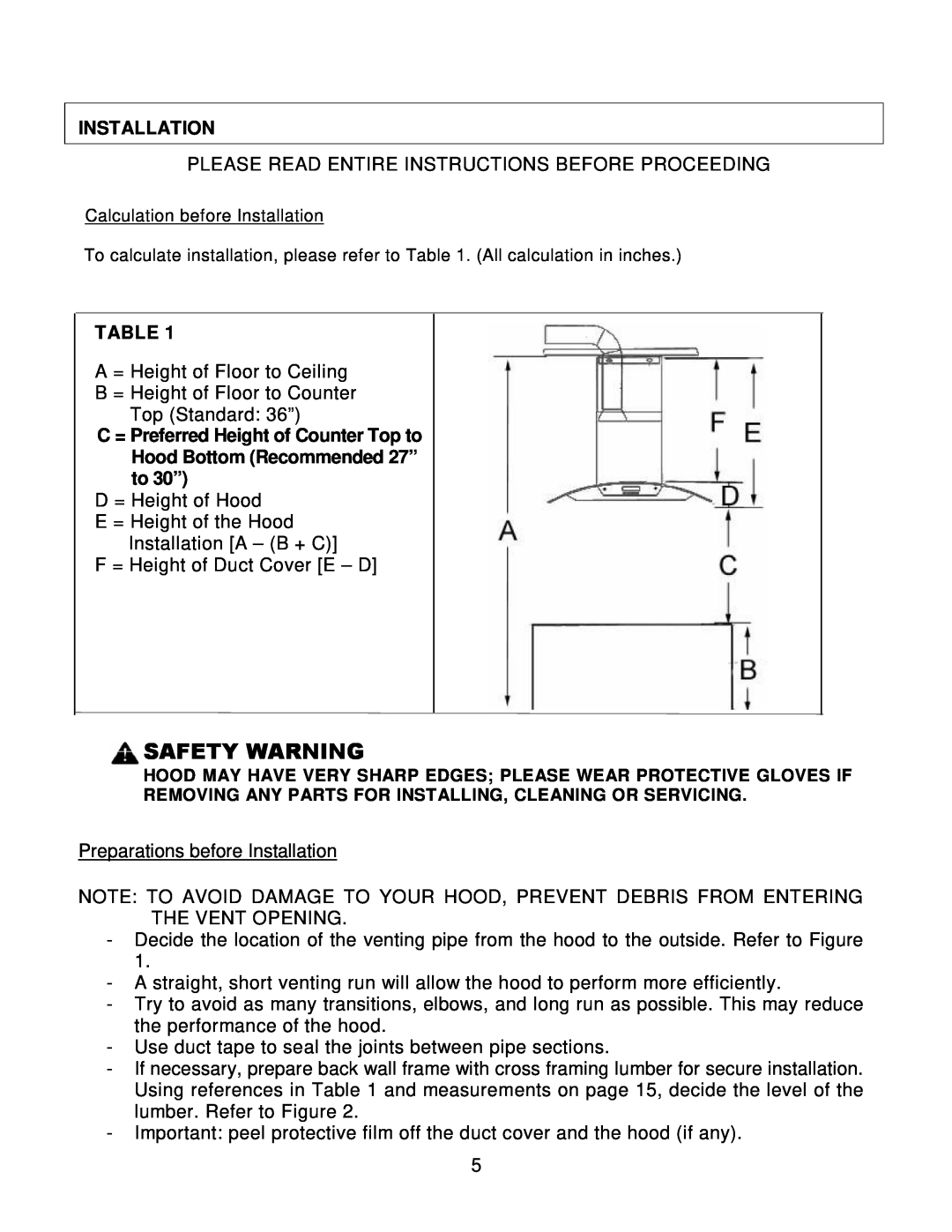 Kobe Range Hoods CX1830GS-8 installation instructions Installation, Safety Warning 
