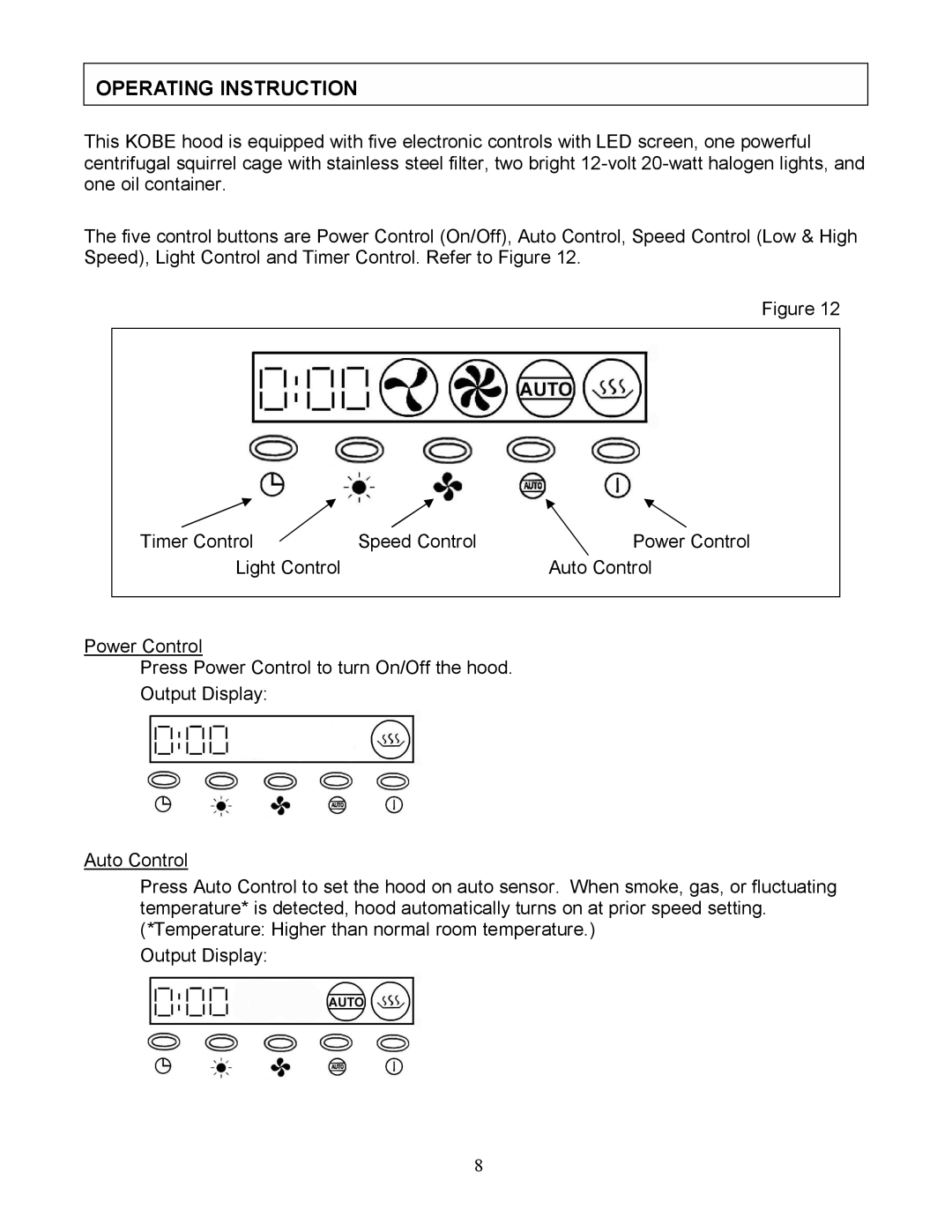 Kobe Range Hoods CX1836GS-8, CX-183 installation instructions Operating Instruction, Output Display 