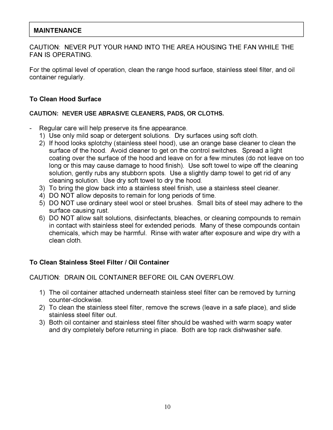 Kobe Range Hoods CX1836GS-8, CX-183 installation instructions Maintenance 