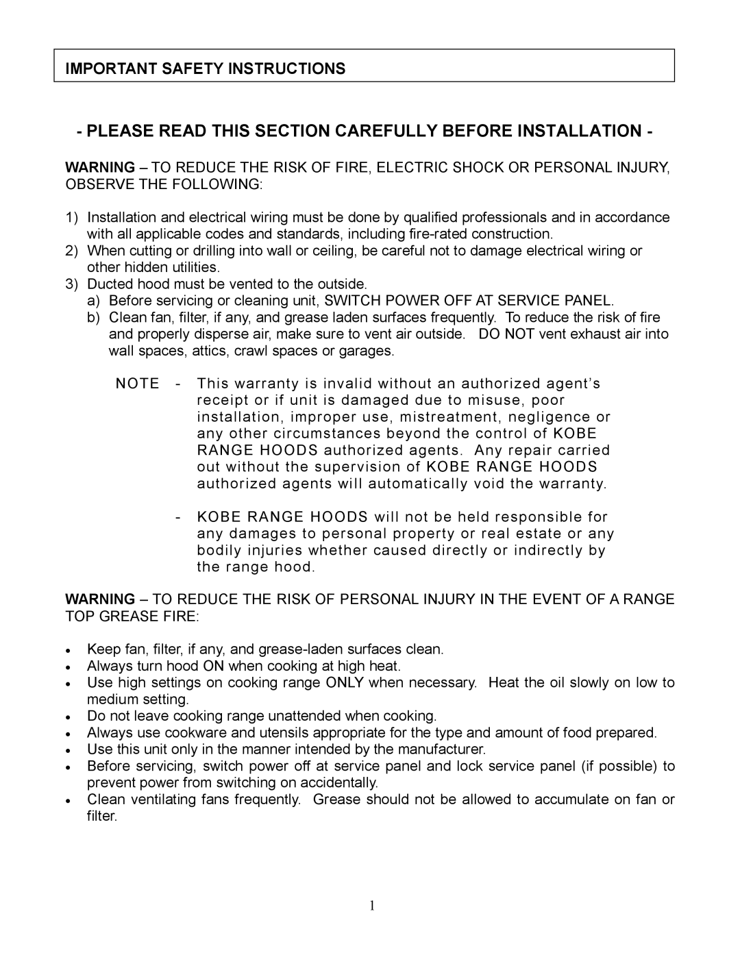 Kobe Range Hoods CX-183, CX1836GS-8 Please Read this Section Carefully Before Installation, Important Safety Instructions 