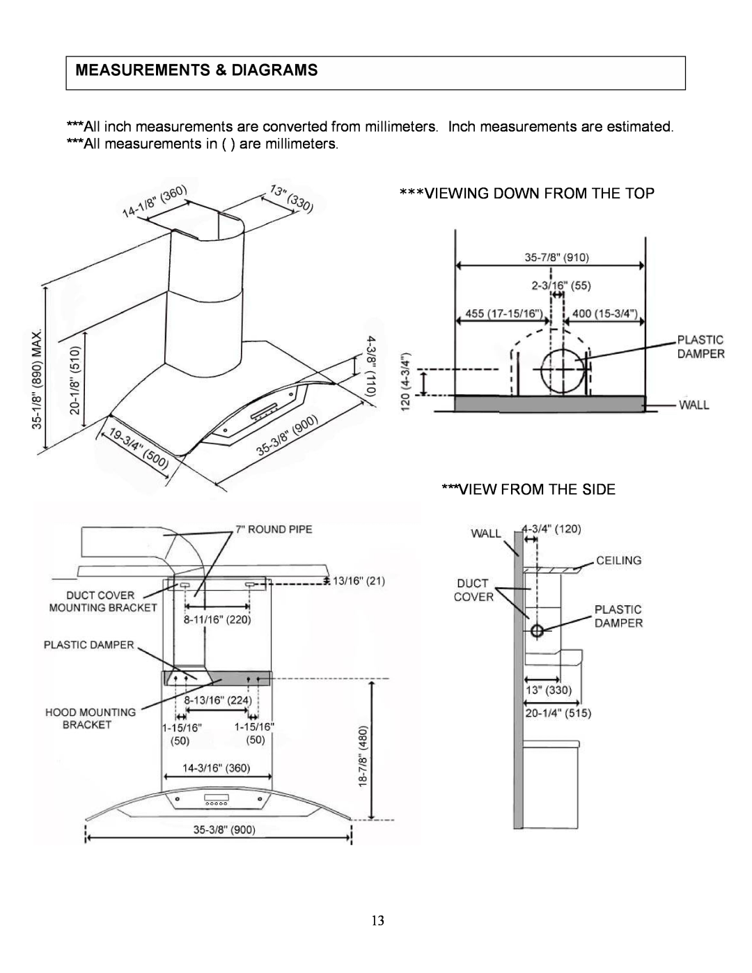 Kobe Range Hoods CX-183, CX1836GS-8 installation instructions Measurements & Diagrams, All measurements in are millimeters 