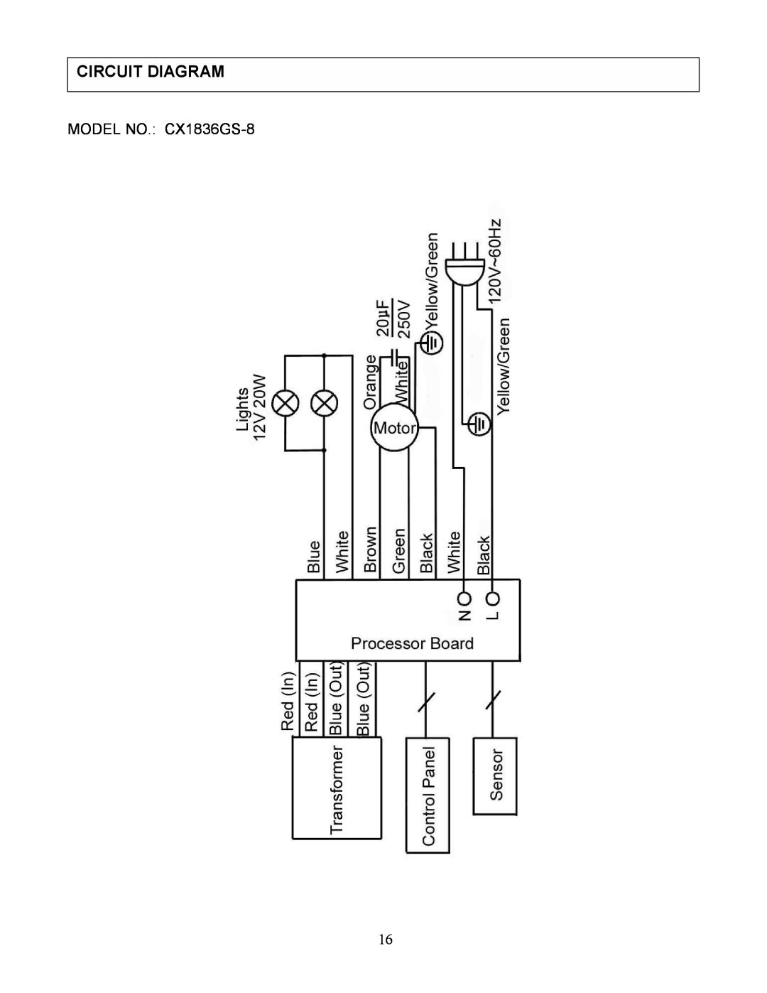 Kobe Range Hoods CX-183 installation instructions Circuit Diagram, MODEL NO.: CX1836GS-8 16 