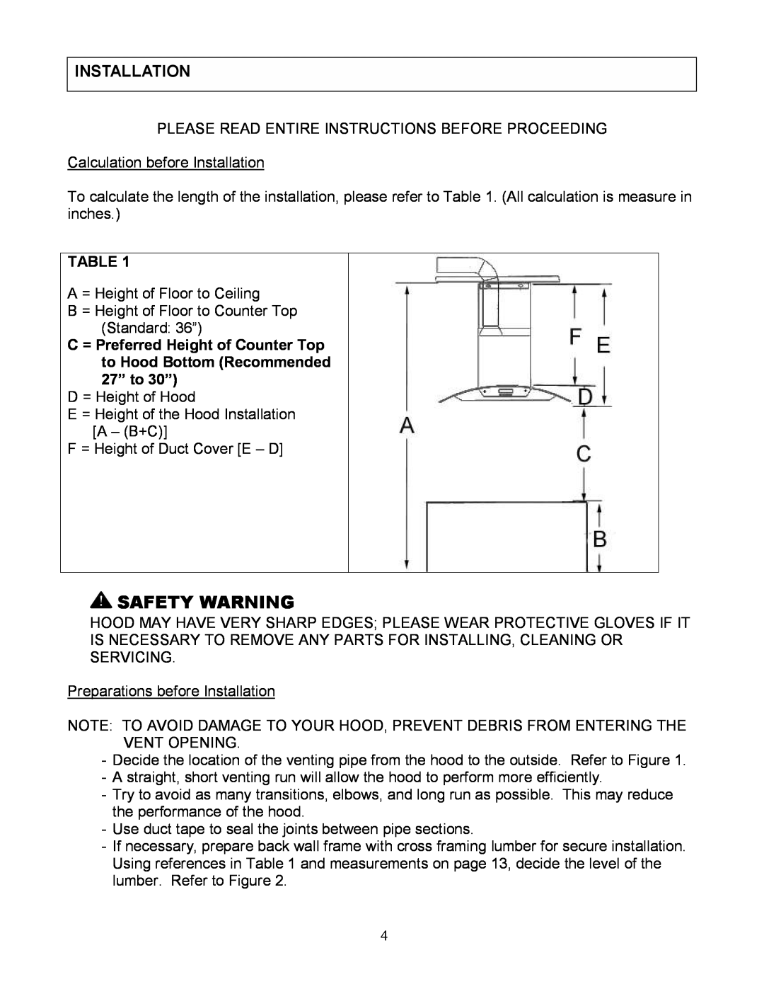 Kobe Range Hoods CX1836GS-8, CX-183 installation instructions Safety Warning, Installation 