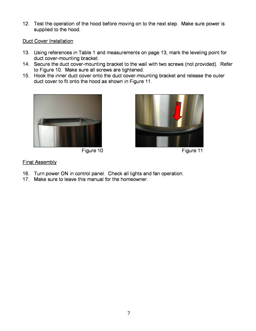 Kobe Range Hoods CX-183, CX1836GS-8 installation instructions Duct Cover Installation 