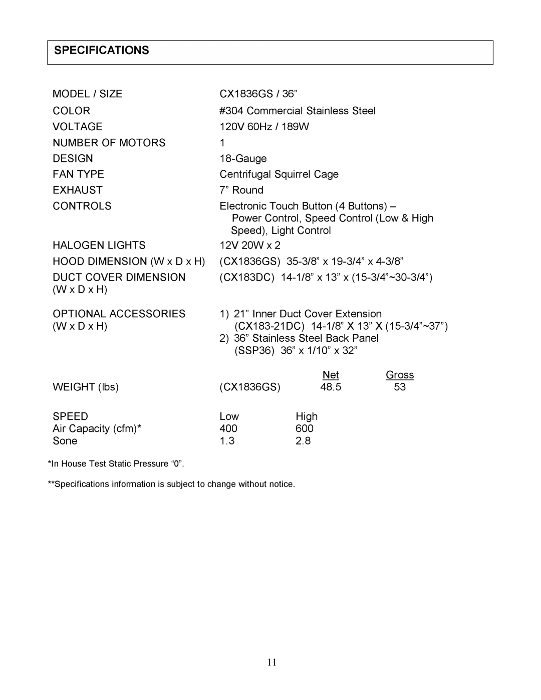 Kobe Range Hoods CX1836GS installation instructions Specifications 