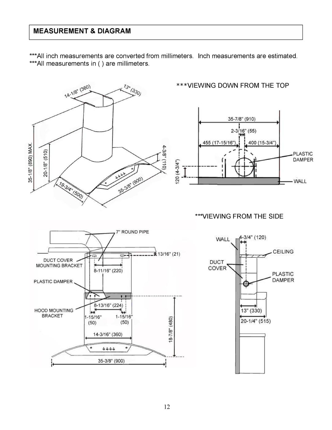 Kobe Range Hoods CX1836GS installation instructions Measurement & Diagram, All measurements in are millimeters 