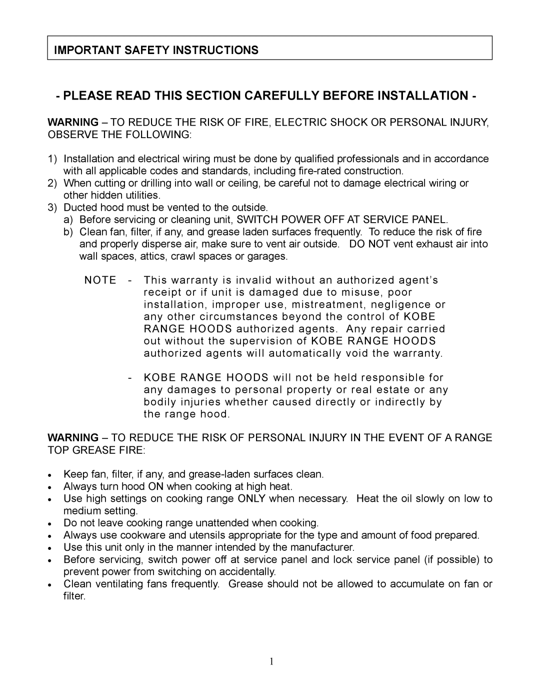 Kobe Range Hoods CX1836GS Please Read this Section Carefully Before Installation, Important Safety Instructions 